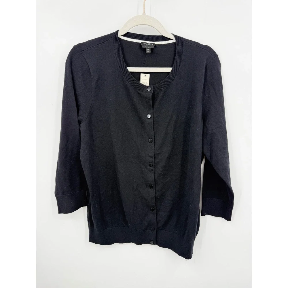 Talbots Pima Cotton Cardigan Sweater Women XL Black 3/4 Sleeve Dragonfly